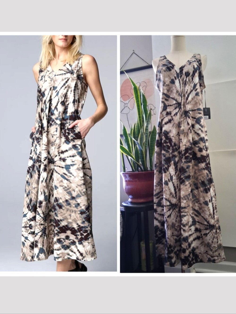 🆕️ Simply Vera Vera Wang Linen Rayon Blend Tie-Dye Maxi Dress Womens Medium